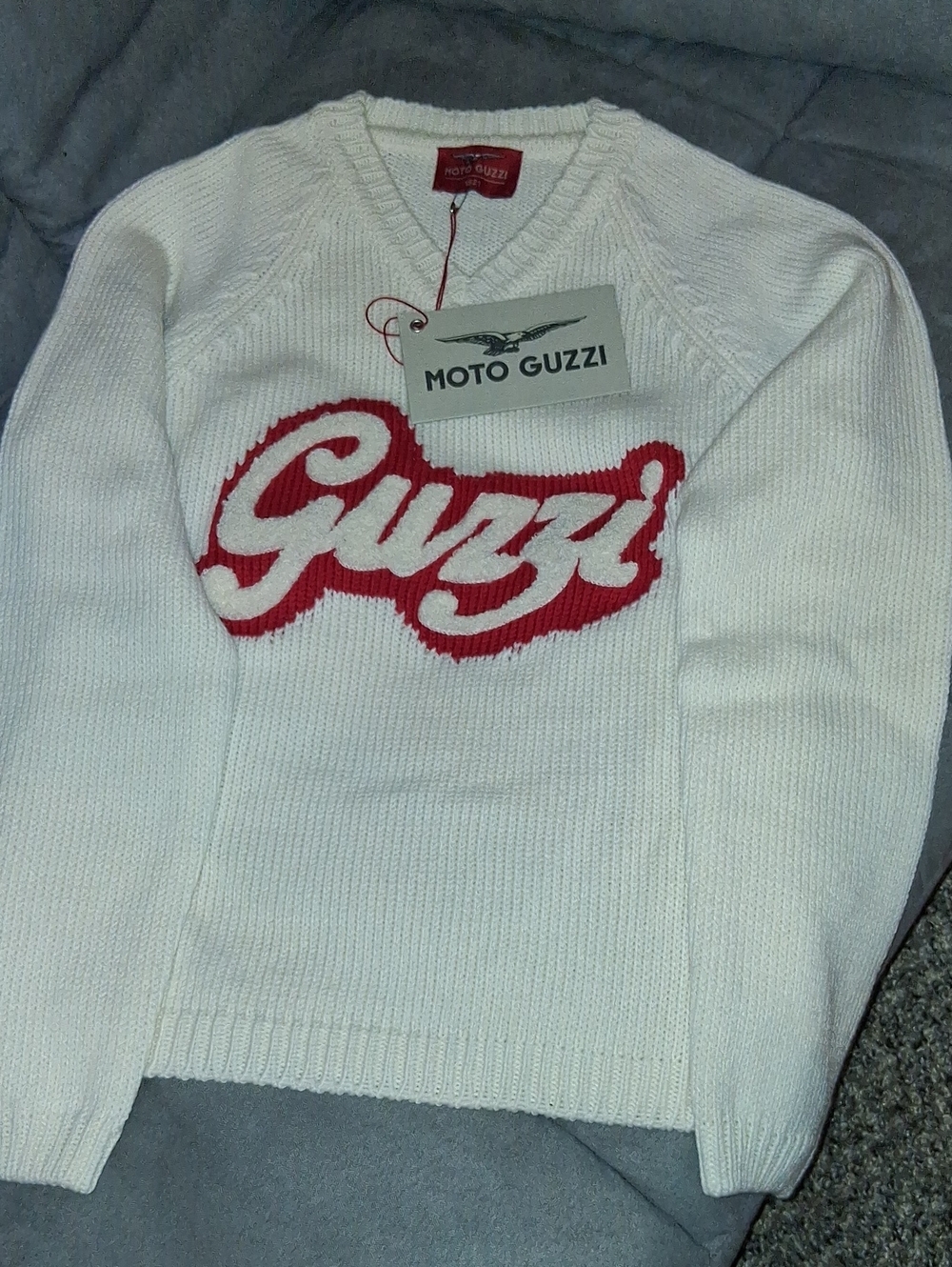 Women's White V‑Neck Sweater with Red Logo